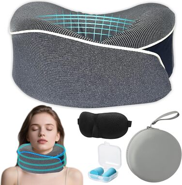 Подушка для шиї у літак, 360° - ергономічна подушка для подорожей з memory foam, набір для дорослих (з коробкою, маскою для очей та навушниками) чорного кольору