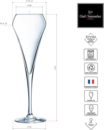 Chef & Sommelier Open Up - Champagne Flutes 200ml - 6 Pieces - Made of Krysta Crystal Glass - Ideal for Festive Occasions - Shine, Transparency and High Durability