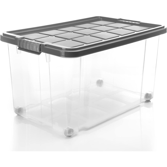 BigDean 4-Piece 60L Storage Box with Lid, Large Steel Grey - Stackable, Robust Box, BPA-Free - Rollable Storage Box with Secure Click Closures - Made in Germany