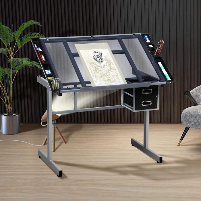 Yaheetech Adjustable Drafting Table - Tilting Glass Top Desk for Architects, Artists & Painters - 90cm x 60cm