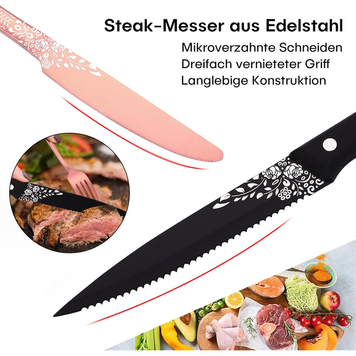 36-Piece Rose Gold Flatware Set for 6 People, HONKKU Stainless Steel Cutlery Set with Steak Knives, Polished Mirror Finish Cutlery Set with Floral Patterns, Fork Spoon Knife Set Dishwasher Safe