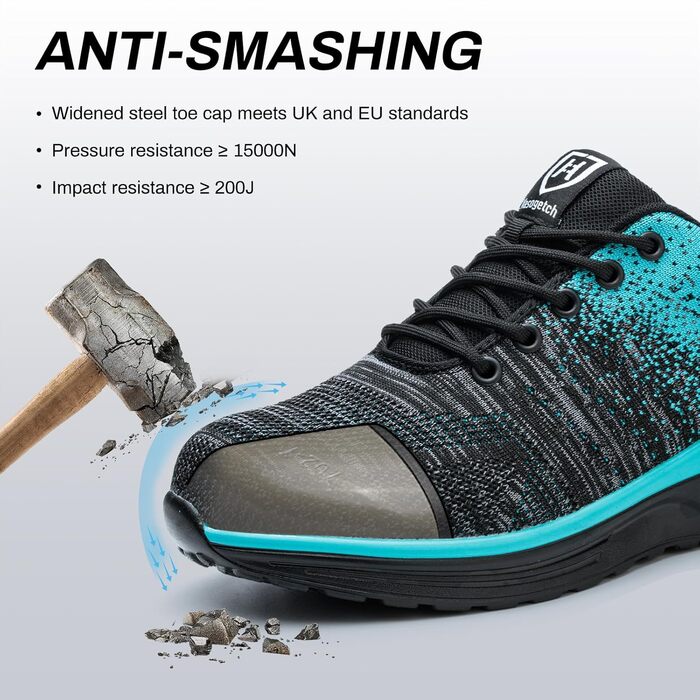 Чоловічі та жіночі робочі черевики-кросівки з металевим підноском, антиковзаюча підошва, дихаючі, розміри 35-46 (36 EU, Cyan)