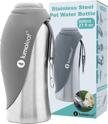 LumoLeaf Stainless Steel Dog Water Bottle - 800ml Portable Pet Water Dispenser for Travel, Hiking & Camping (Gray)