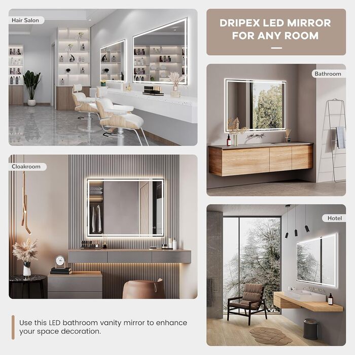 Дзеркало для ванної кімнати з LED-підсвічуванням Dripex, 50x70 см, сенсорне управління, протитуманне покриття, Bluetooth, розетка, 3 кольори світла