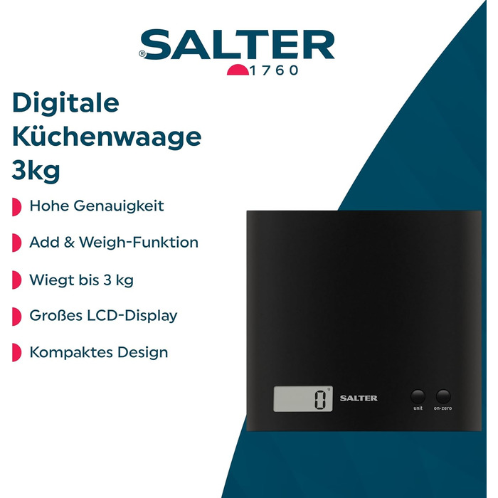 Кухонні ваги Salter Arc 1066 BKDRAS15 - цифрові, чорні, з LCD-дисплеєм, функція таро та додавання