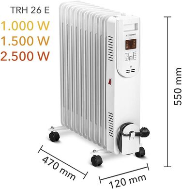 Електричний масляний радіатор Trotec TRH 25 E – 3 режими нагріву (1000/1500/2500 Вт), з пультом дистанційного керування, 11 ребер, білий