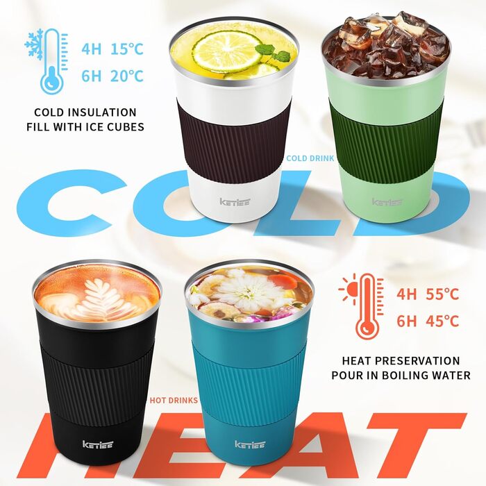 Термокружка KETIEE 380мл з нержавіючої сталі, 13oz, з кришкою, для кави з собою, чорна