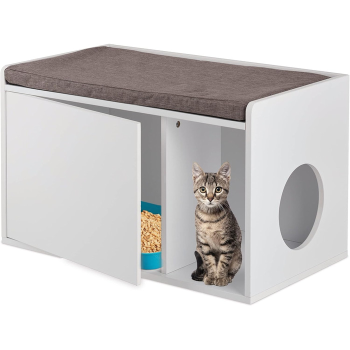 Relaxdays Cat Cabinet with Cushioned Seat, 2in1 Cat Litter Box Cabinet & Bench, WxDxH: 45.5 x 75 x 43 cm, for Cat Litter, white/gray
