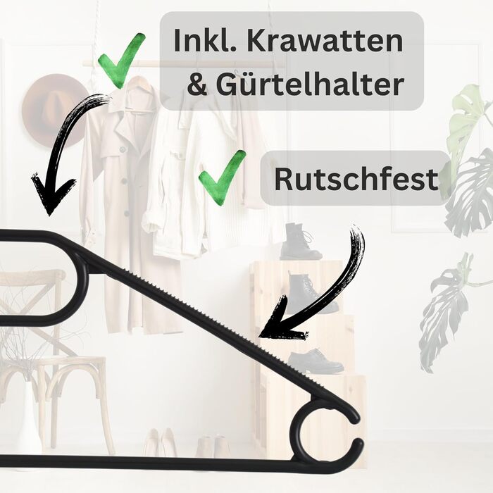 50 Плечиків для одягу з обертовими гачками на 360 градусів, перероблений пластик, чорного кольору, нековзні, економія місця, Made in EU, HLKauf-Block