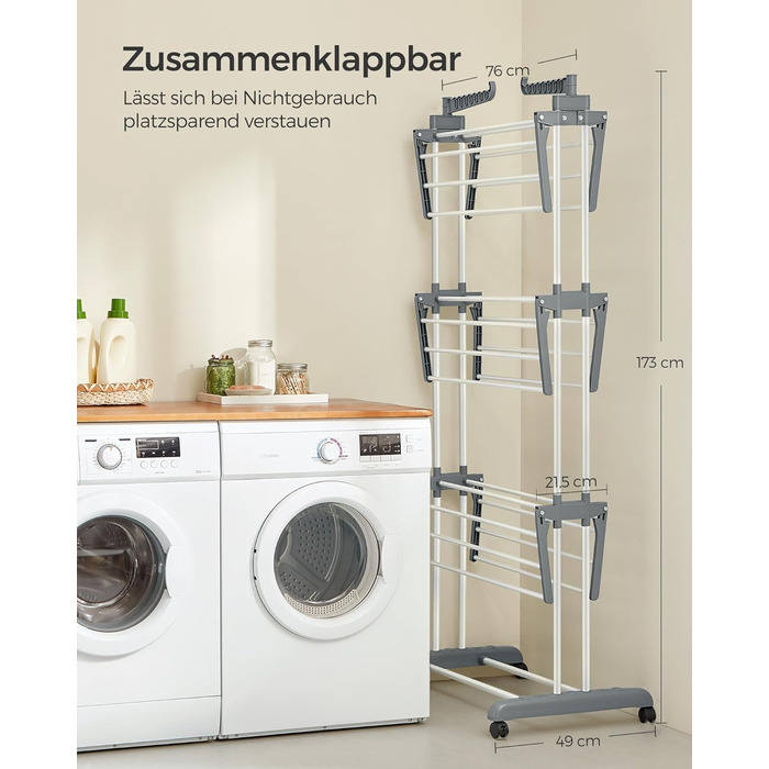 SONGMICS Сушарка для білизни на коліщатках, 4 яруси, розкладна, біла, 63.5 x 128 x 173 см, для дому та вулиці