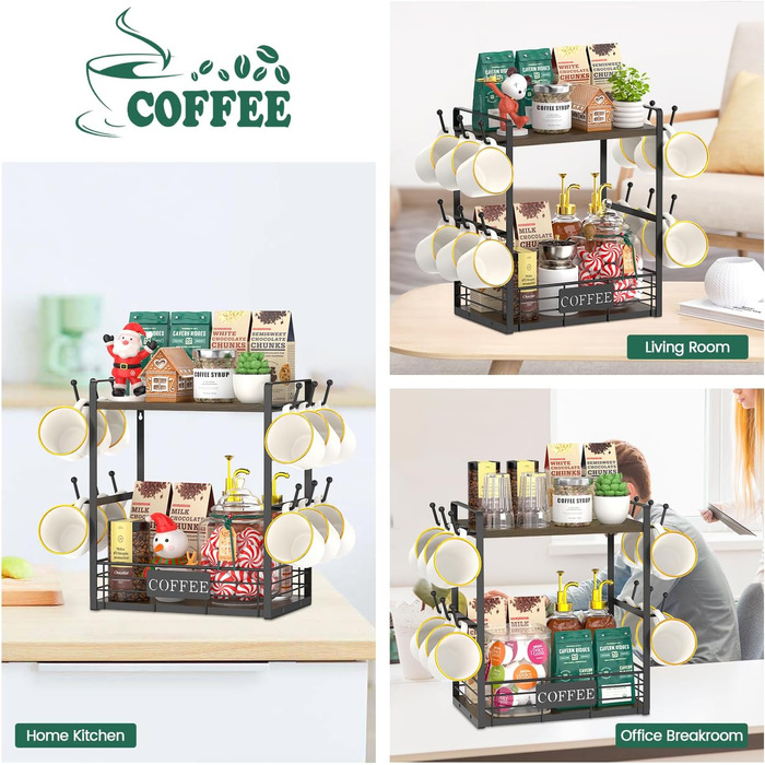 EsLuker.ly 2-Tier Mug Holder and Cup Stand, Mug Shelf for Coffee Cups, Coffee Organizer for Countertop, Coffee Station Organizer with Mug Holder, Vintage Brown-Black (14''H, Brown + Black)