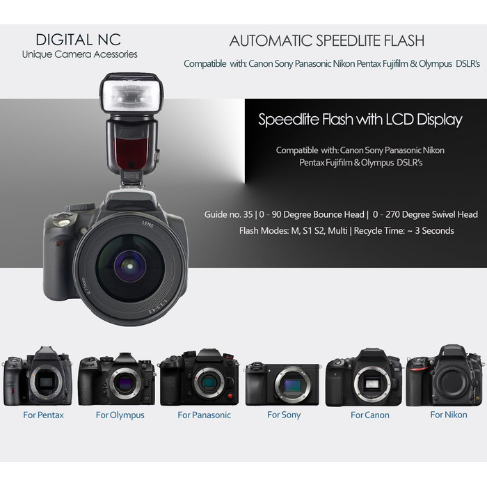 Цифровий спала́х Speedlite з LCD-дисплеєм, сумісний з камерами Nikon, Canon, Sony, Panasonic, Leica, Fujifilm, Pentax та Olympus