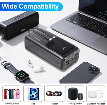 Power Bank 60000mAh 22.5W з LED-ліхтариком та вбудованим кабелем. Швидка зарядка USB-C, сумісний з iPhone, iPad, планшетами. Чорний