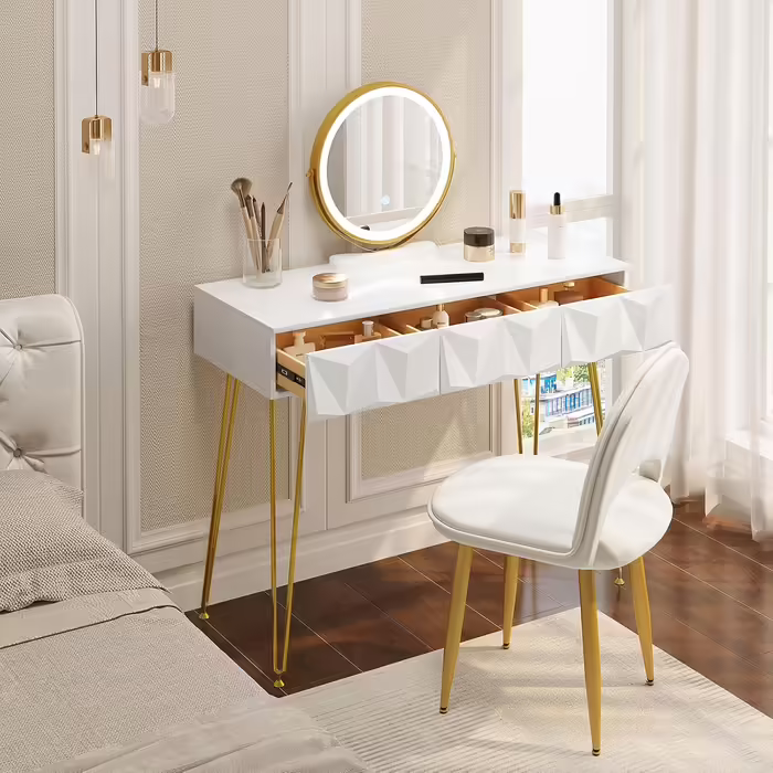 EUGAD Vanity Table with Stool and Mirror, 360° Swivel Makeup Mirror, Dressing Table Cosmetic Table with 2 Drawers, Upholstered Velvet Stool, 3D Effect Drawer, White and Gold (100x40cm, with LED Lighting)