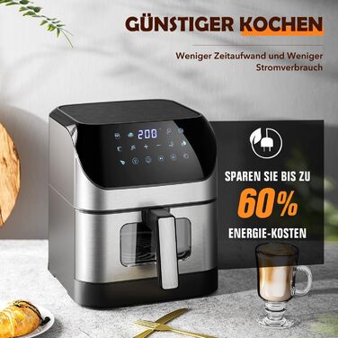 Фритюрниця повітряна 8L з цифровим LED-дисплеєм та вікном, 10-в-1, без масла, здорове приготування їжі