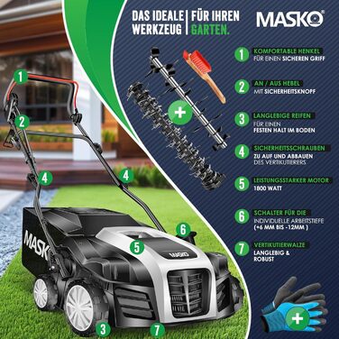 MASKO® Електричний аератор-скарифікатор 2в1 для газону, 1800 Вт, 40 см, 55 л, регулювання глибини, лоток, щітка, рукавички