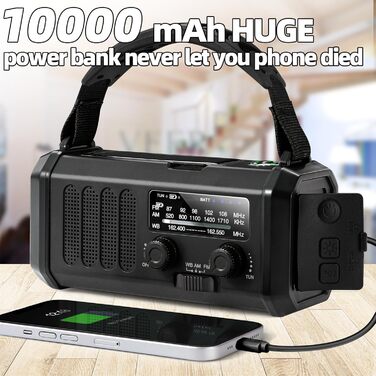 Радіо на ручку з LED-ліхтариком, сонячне, AM/FM, для надзвичайних ситуацій, кемпінгу, чорне