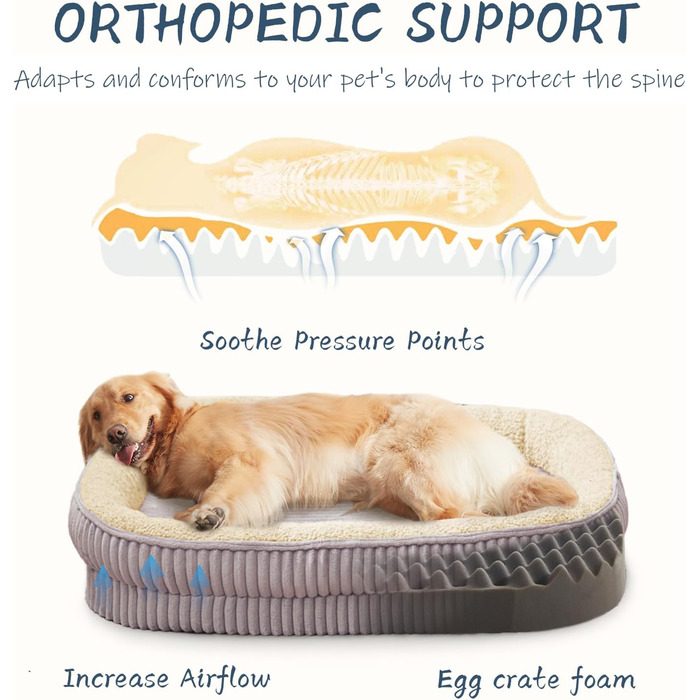 Ортопедичне ліжко для собак та котів, малі породи, сіре. Знімний чохол, 51x48x14 см. М'яке, з високою підтримкою, для цуценят та малих собак.