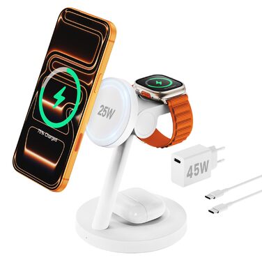 Зарядна станція JoyGeek 3-в-1 з магнітною індукцією 25W для iPhone 17/16, Apple Watch, Samsung Watch та AirPods. Білий матовий.