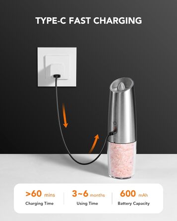 Електричний набір млинків для солі та перцю FORLIM, USB-зарядка, 6 oz, з LED-підсвічуванням, регулюванням помолу, для кухні, ресторану, вулиці, сріблястий