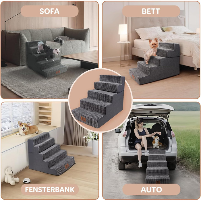 Сходинки для собак Sytopia - 5 сходинок, 57 см, сірий колір, для великих собак, для літніх та поранених тварин, з щільним шаром піни, зручні для доступу до ліжка