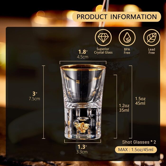 Склянки для шнапсу DUJUST 4cl, кришталь з 24K золотом, 2 шт. - Елегантні келихи для міцних напоїв, без BPA та свинцю, декор для дому