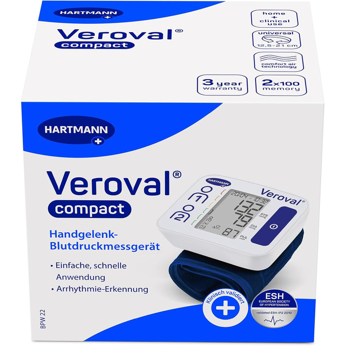 Вимірювач артеріального тиску Veroval Compact на зап'ясті - точний та швидкий, клінічно перевірений, визначає порушення серцевого ритму