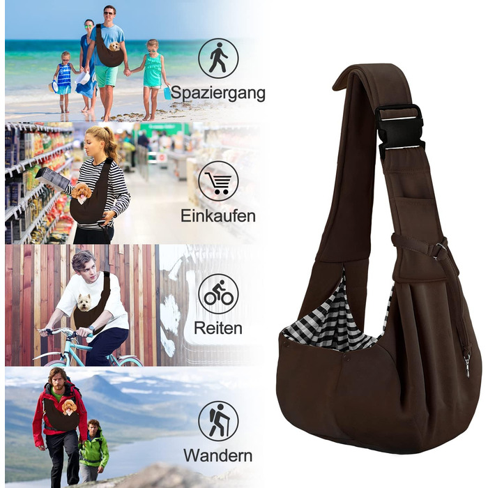 PetLoft Сумка-переноска для собак, реверсивна, регульована, крос-боді, з кріпленням для нашийника (колір: коричневий)