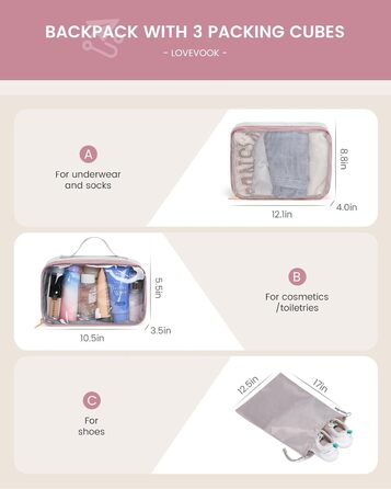 LOVEVOOK Рюкзак для ручної поклажі 40L, сіро-рожевий, для ноутбука 17.3