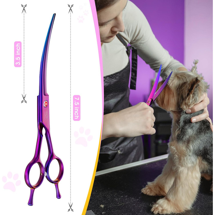 Професійна вигнута ножиця для собак JASON - 7,5' ножиця для грумінгу собак з японської нержавіючої сталі. Ножиці для собак та котів (вигнуті, фіолетові)