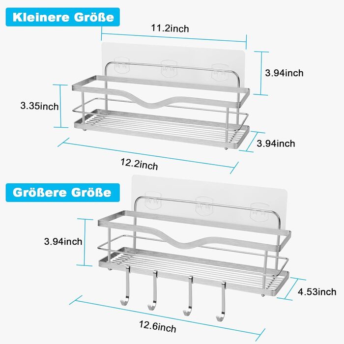 Підставка для душу з нержавіючої сталі без свердління (2 шт.): полиця для шампуню, мила, гелю для душу, органайзер для ванної кімнати, кухні, срібна