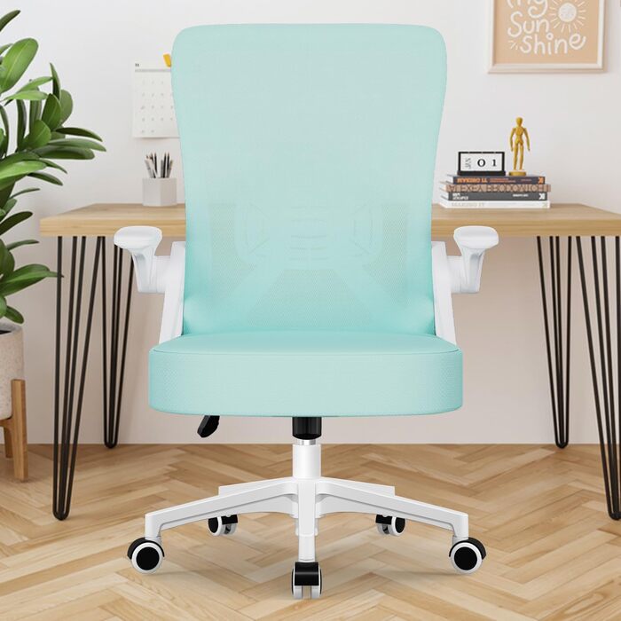 Ергономічне крісло для офісу, офісне крісло з відкидними підлокітниками, регульована поперекова підтримка, регульоване крісло для начальника, поворотне крісло, сітчасте крісло з функцією гойдання до 125° (Блакитно-зелене, без підголівника)