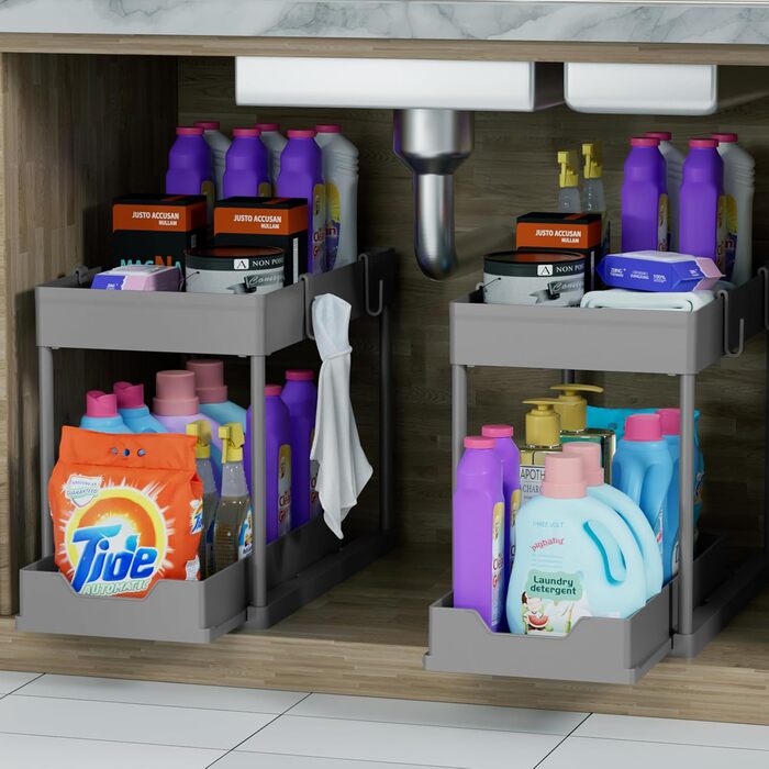 DEKAVA Kitchen Organizer, 2 Under Sink Shelf, Closet Kitchen Organizer with 4 Hooks, Closet Basket for Kitchen, Bathroom, Cleaning Supplies, Laundry Detergent (Grey)