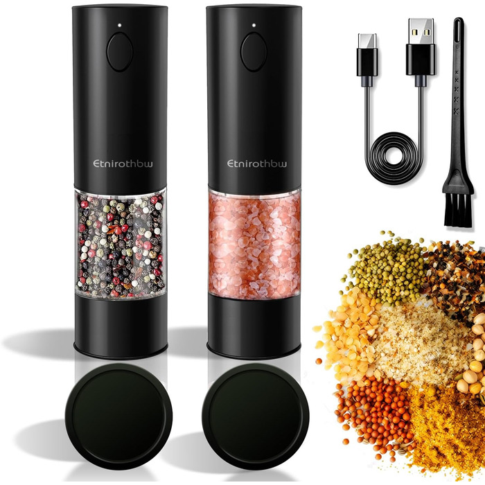 Electric Salt and Pepper Grinder Set, 2 Pieces, Automatic One-Hand Operation Pepper Grinders Rechargeable, Auto Pepper Shakers with Dust Covers, 5 Adjustable Coarseness Settings, LED Light