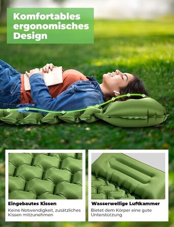 Glymnis Isomatte Camping Air Mattress - 9cm Thick with Foot Pump & Pillow - Ultralight Outdoor Sleeping Pad for Camping, Hiking & Travel - Army Green
