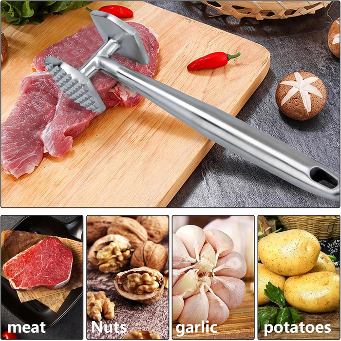 АКОЛАФЕ Fleischklopfer: М'ясорубка для відбивання м'яса з нержавіючої сталі, 26 см, подвійна сторона, для стейків, курки, свинини, реберець, антипригарне покриття, з отвором для підвішування, придатна для миття в посудомийній машині