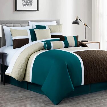 Комплект постільної білизни Chezmoi Collection Upland 7-piece, Patchwork Design, розмір King (Oversized), блакитно-зелений/бежевий/коричневий
