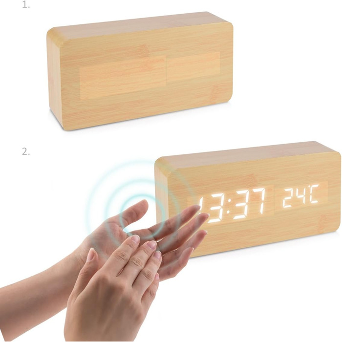 kwmobile Wooden-Look Digital Alarm Clock - Digital Clock with Time, Temperature, and Date Display - Alarm Clock with USB Cable in Birch with White LEDs
