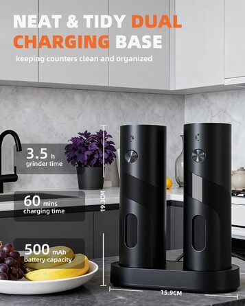 Набір електричних мельниць для солі та перцю з заряджною станцією, об'єм 110 мл, 5 ступенів помелу, керамічна млинка, щітка, 2 шт., чорний