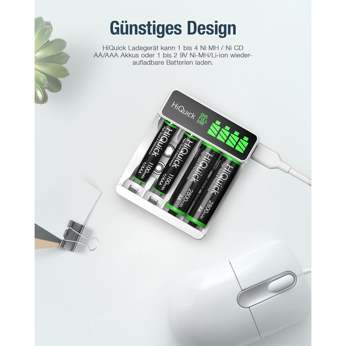 Швидкий зарядний пристрій HiQuick з LCD-дисплеєм для акумуляторів NI-MH NI-CD AA/AAA, 4 слоти, універсальний, для перезаряджуваних акумуляторів Mignon AA та Micro AAA