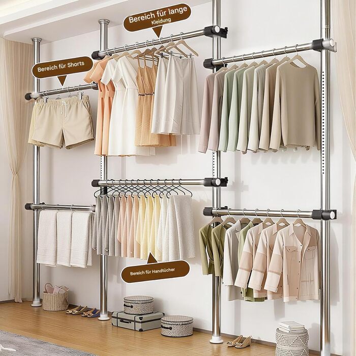 Телескопічна система для гардеробу: розширювана штанга для одягу з 6 штангами та 2 гачками, регульована полиця 110-300 см, для дому та магазину одягу, білий (срібний)