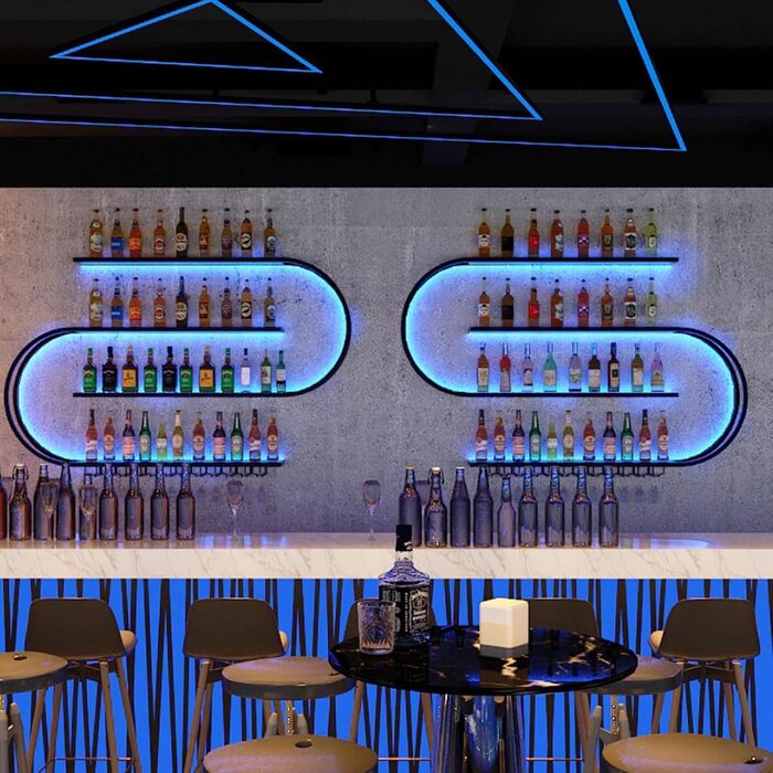 Настінна вітрина для вина, напівкругла багатоярусна з гачками для келихів, металева вітрина для винних пляшок, для кухні, бару, кафе (без лампочок) (Чорний, 120 * 20 * 120 см)