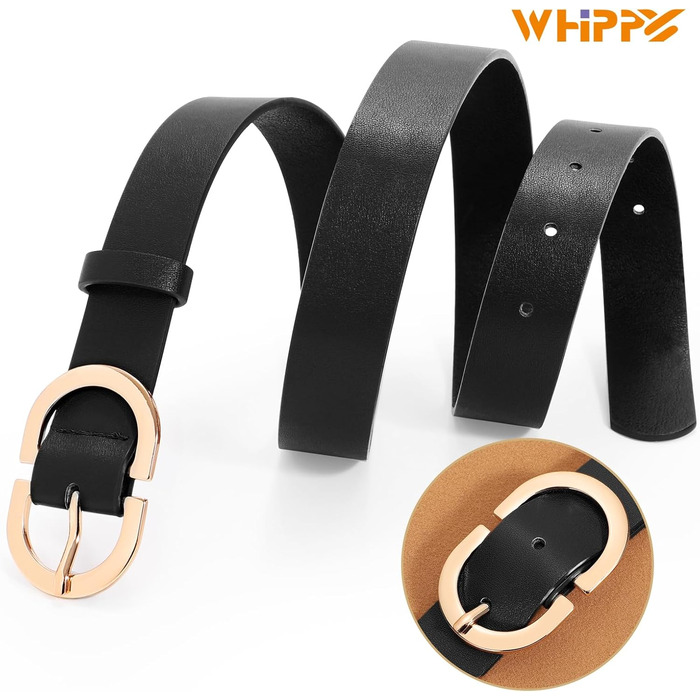 Жіночий шкіряний ремінь WHIPPY з золотистою пряжкою, чорний колір, розмір L (довжина 120 см)