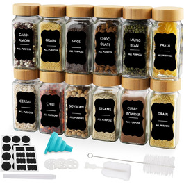 Набір банок для спецій квадратних [12 штук] з бамбуковою кришкою, 120 мл, з воронкою, наклейками, щіткою та ситами