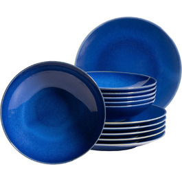 MÄSER 931733 Ossia, 6-Person Dinnerware Set with Mediterranean Vintage Look, 12-Piece Modern Tableware Set with Soup Plates and Dinner Plates in Dark Blue, Ceramic