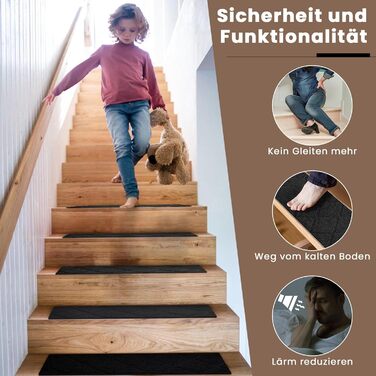 Килимок для сходів, 15 шт., самоклеючий, антиковзкий, для дому, можна різати, багаторазовий, захист від ковзання для дітей, домашніх тварин та літніх людей (55х19 см, 65х20 см, чорний)