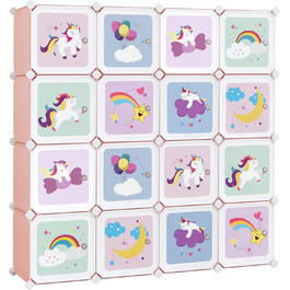 SONGMICS 16-Cube Storage Organizer with Doors - Kids Closet, Shoe Rack, Multi-Purpose - Pink