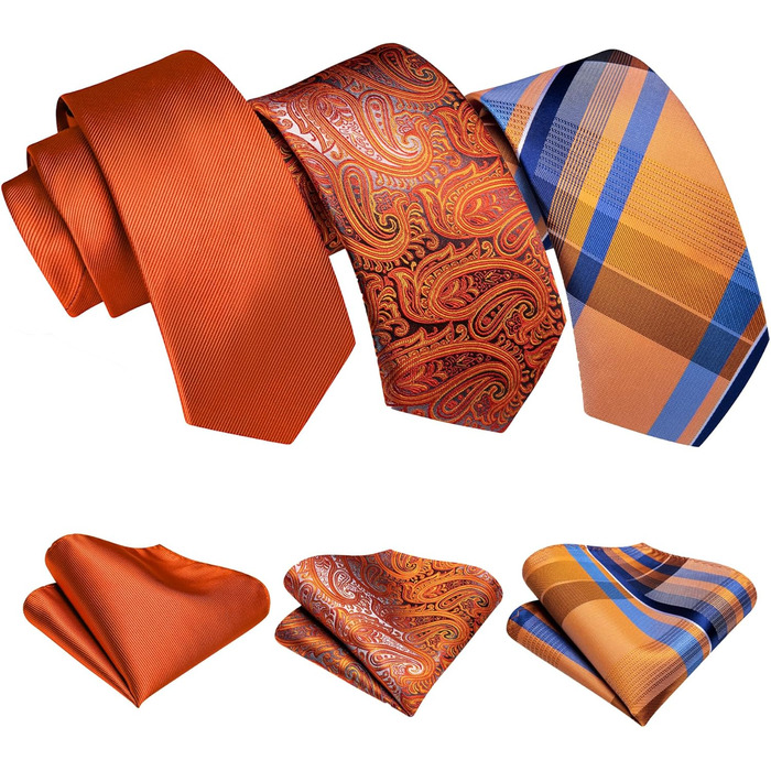 Набір краваток Barry.Wang для чоловіків з візерунком пає, тканина - шовк, з чохлом, краваткові затискачі, формальний стиль (оранжево-смугастий)