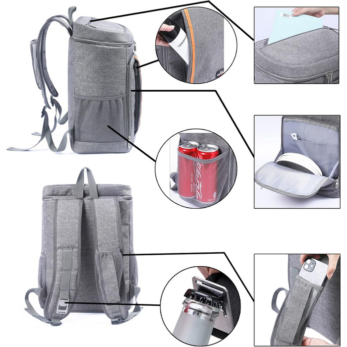 Терморюкзак 26L Kühl: ізольована сумка-холодильник для пікніків, походів, кемпінгу, риболовлі та роботи (сірий)