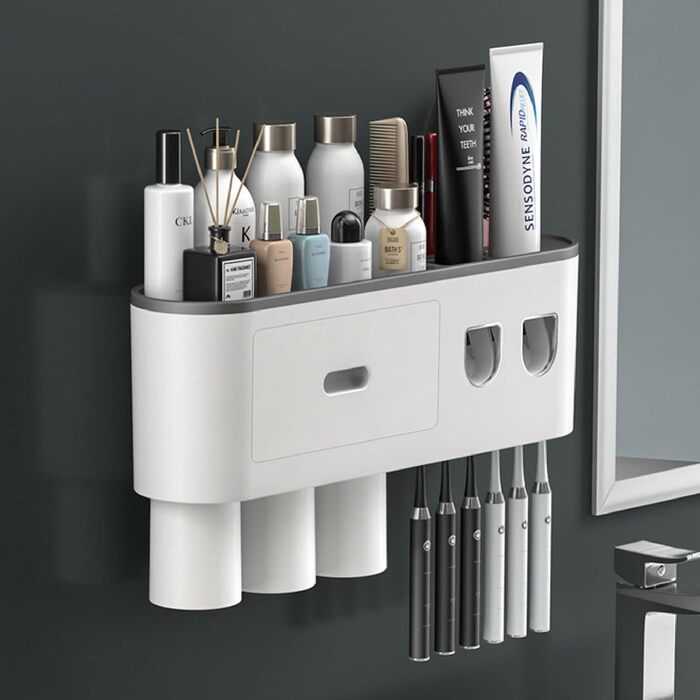 Toothpaste Dispenser Bathroom Toothbrush Holder Set, Wall-Mounted Toothbrush Holder with Double Automatic Toothpaste Dispenser, 3 Cups and Drawer for Bathroom